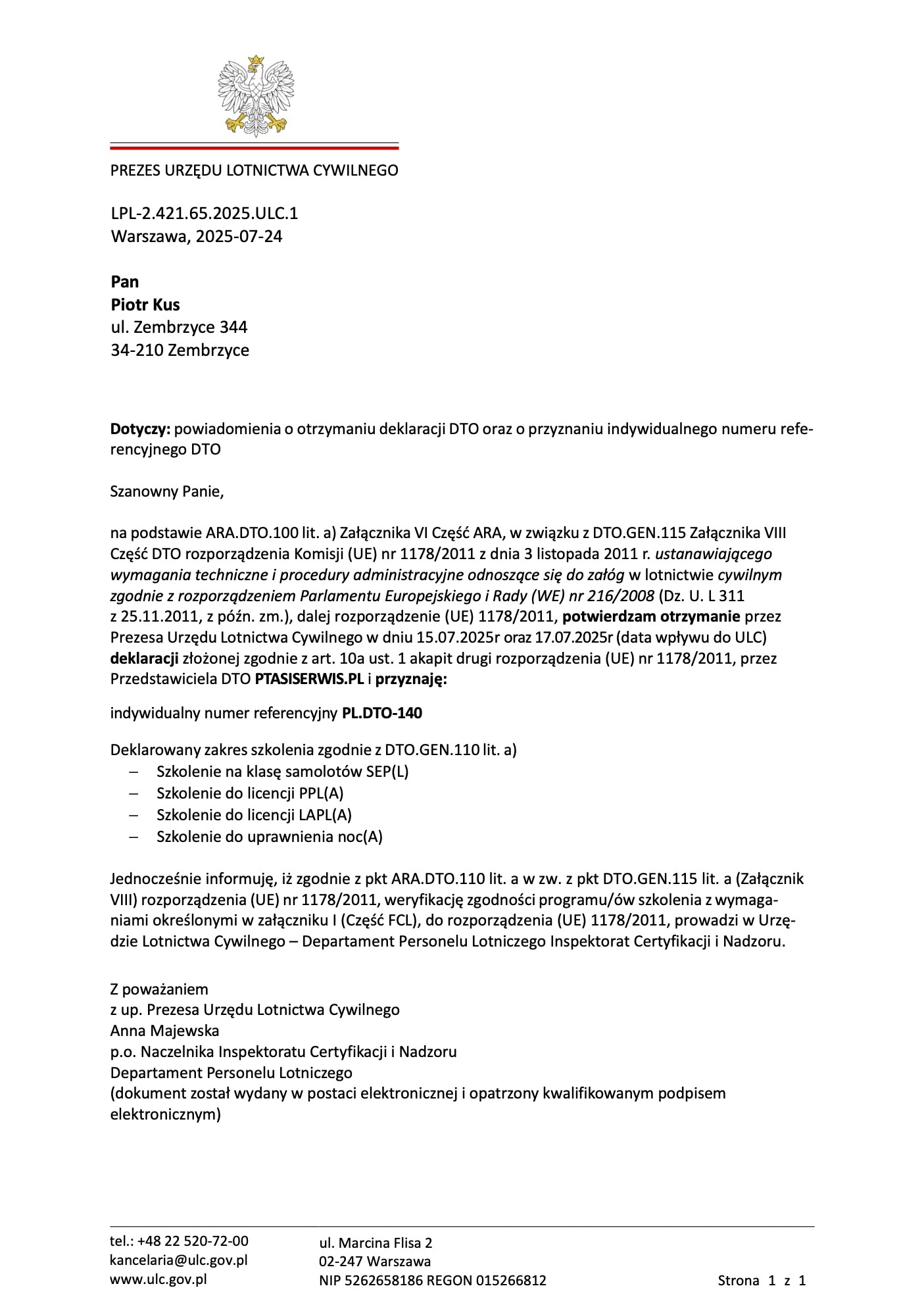 Certyfikat DTO - Akademia Pilotów